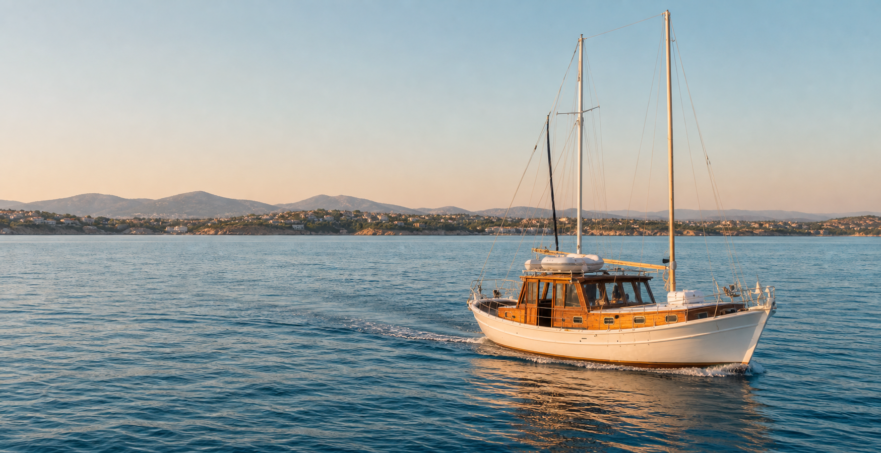 ATHINA, a traditional wooden Greek boat, cruising along the Athenian Riviera
