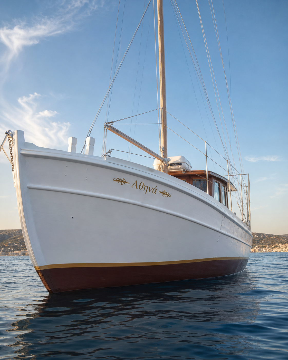 The name Athina painted on the traditional boat's hull